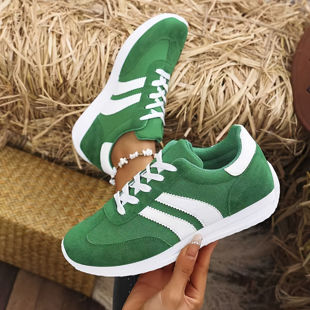 Dames Klassieke Mode Comfortabele Casual Veterschoenen Lichtgewicht Antislip Preppy Stijl Atletische Sneakers Met Geometrisch Patroon, Stoffen Bovenste Laag, Vulling, EVA Zool En Textielzool