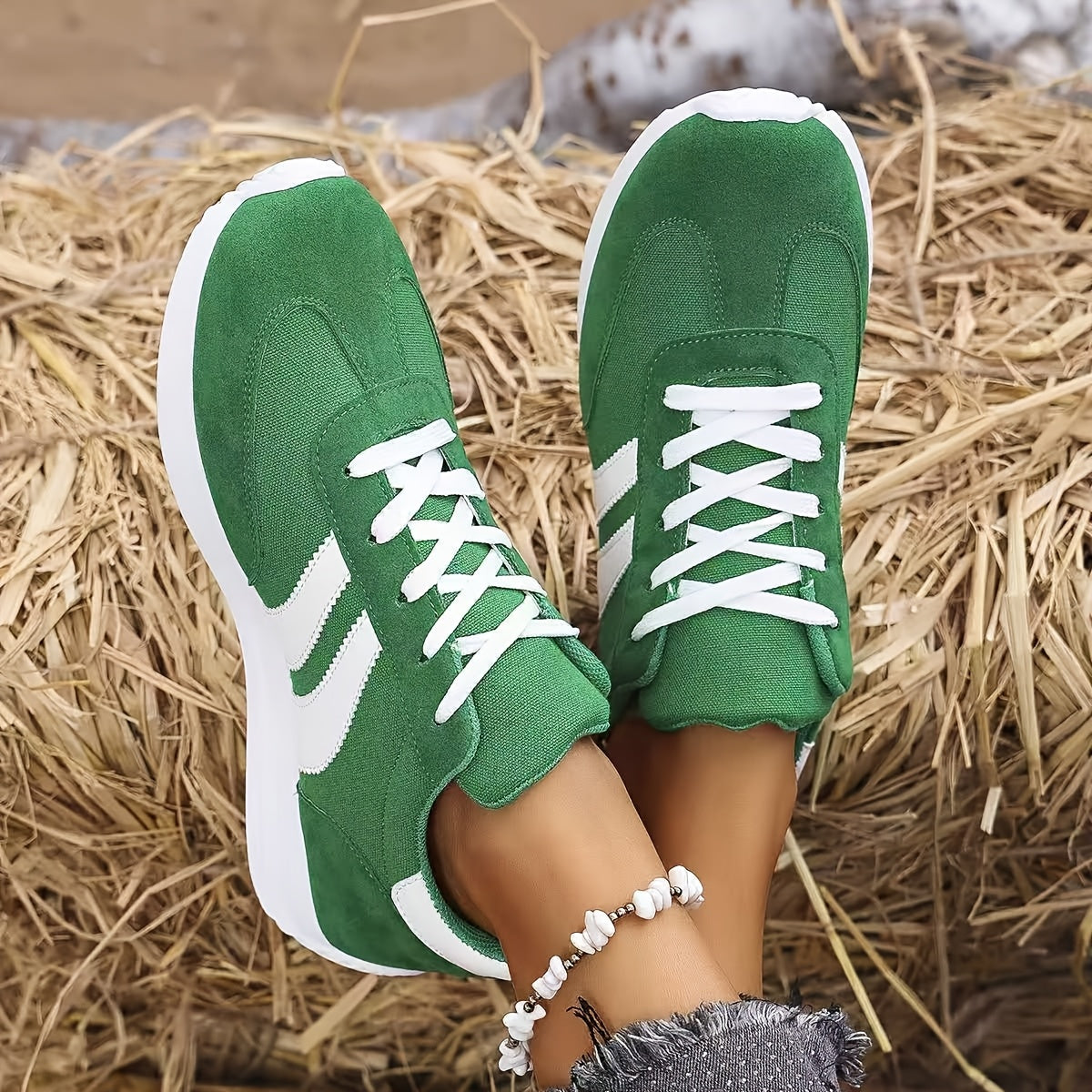 Dames Klassieke Mode Comfortabele Casual Veterschoenen Lichtgewicht Antislip Preppy Stijl Atletische Sneakers Met Geometrisch Patroon, Stoffen Bovenste Laag, Vulling, EVA Zool En Textielzool
